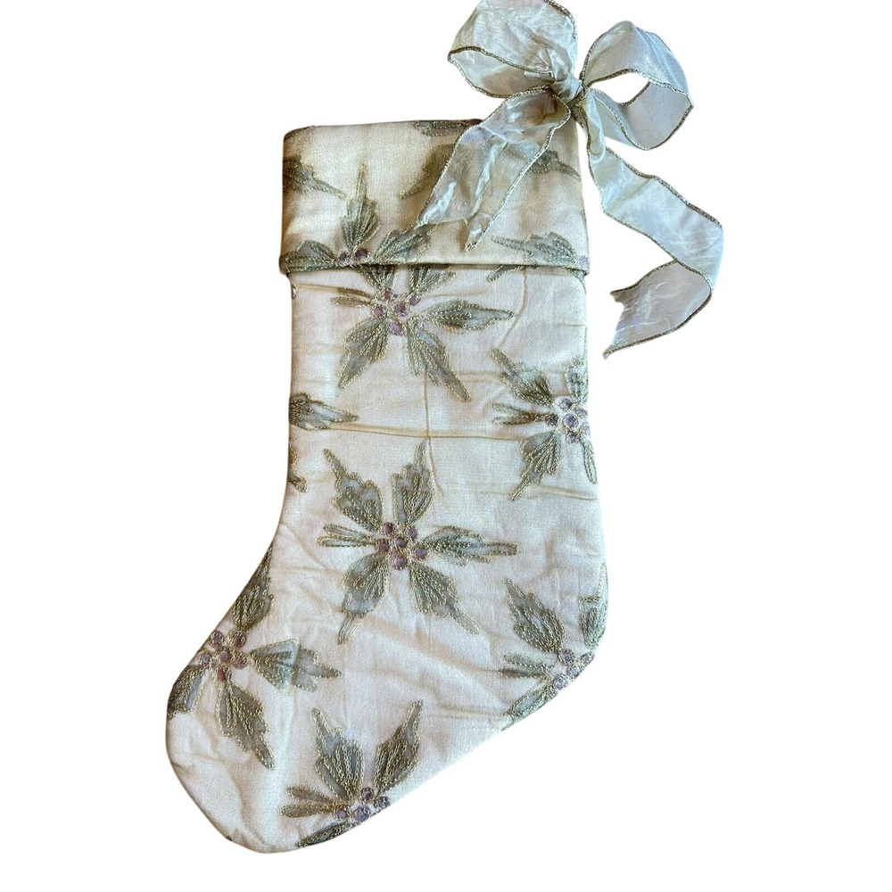 Vintage Jabara Christmas Stocking Gold Holly Leaf And Berries